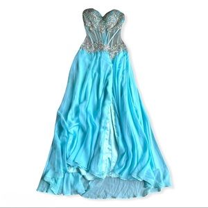 Baby blue strapless prom dress sheer jeweled SZ 0